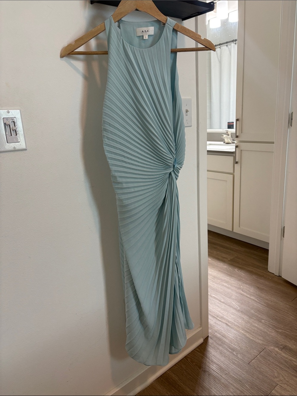 A.L.C. Pleated Knot-Front Maxi Skirt in Pale Aqua
